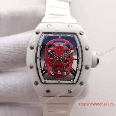 Clone Richard Mille Skull Prijs RM 052 Watch SS White Ceramic Bezel Red Skull Dial Rubber